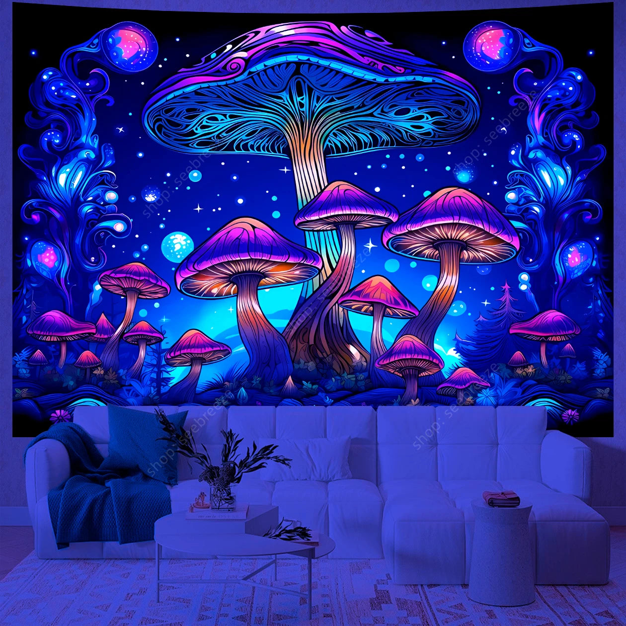 Fantasy Mushroom UV Reactive Tapestry Beautiful Floral Plant Tapestry Wall Hanging Gothic Home Wall Decor Room Decor Aesthetic
