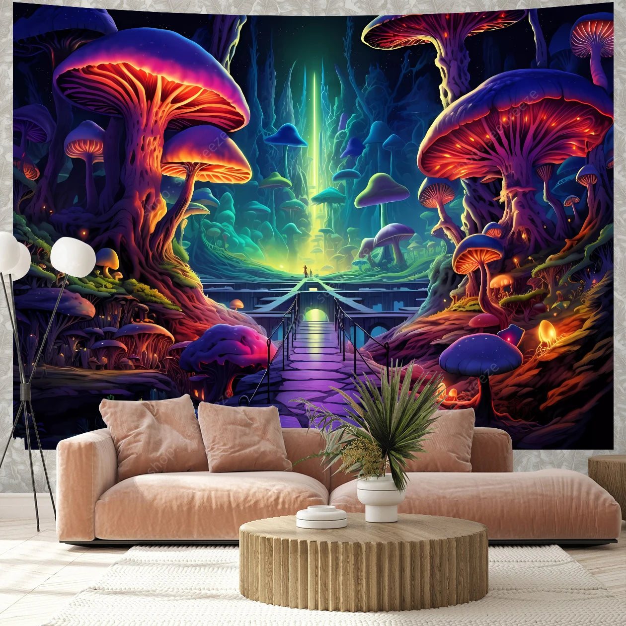Fantasy Mushroom UV Reactive Tapestry Beautiful Floral Plant Tapestry Wall Hanging Gothic Home Wall Decor Room Decor Aesthetic