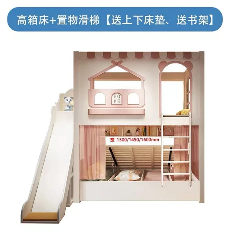 Customizable girl princess bunk bed two-story high-low sister high guardrail slide elevated bed