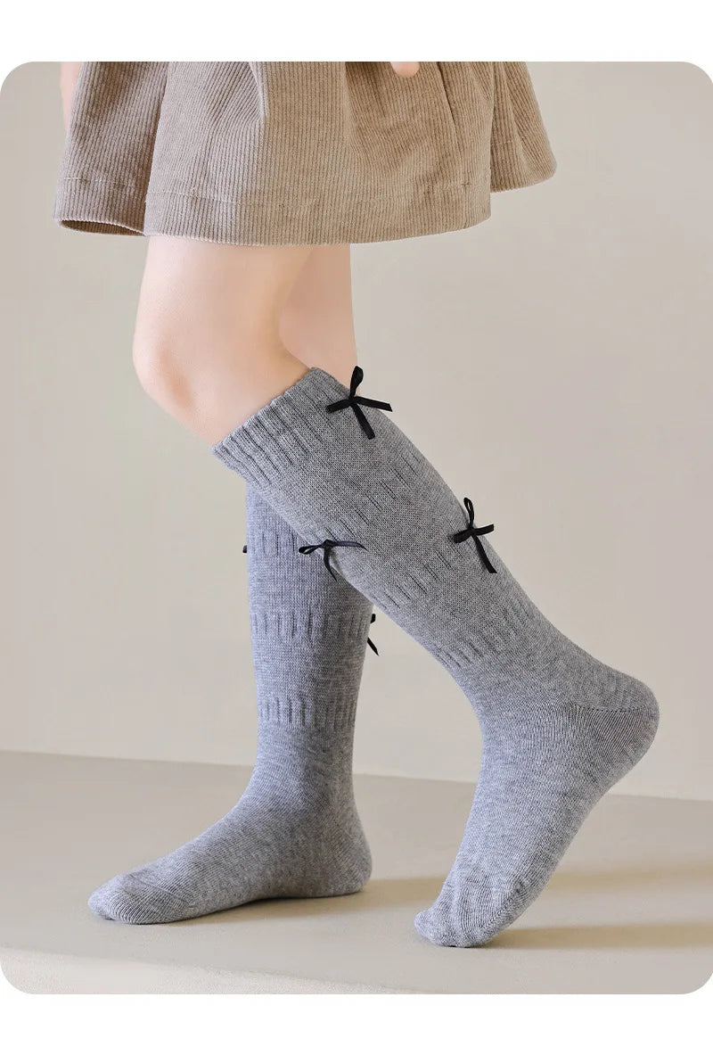Girls Long Socks Solid Color Sweet Bow Kids Long Sock Girls Student Socks For Girls Warm Girls Stocking For 1-12 Year