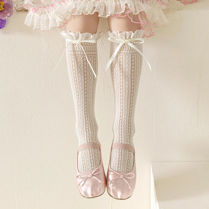 Girls Kids Geometric Retro Twists bowknot Long Kawaii Socks Princess Sweet Baby Over Knee High Sock Hollow mesh Lolita Stockings