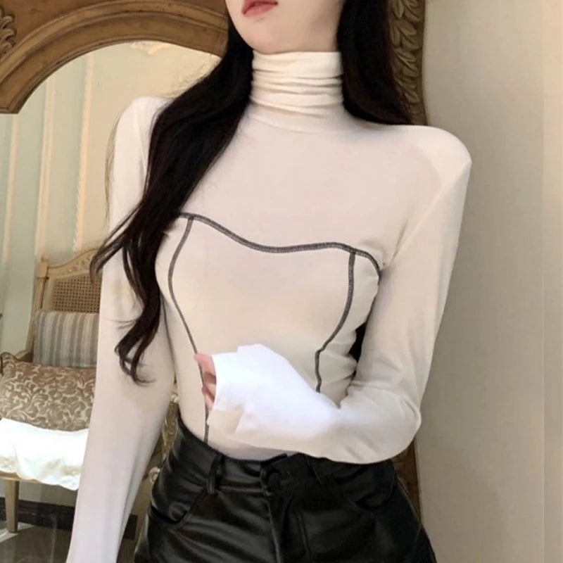 Women's Clothing Autumn Winter Korean Fashion High Collar Y2K Sexy Basic T-shirts Elegant Chic Black White Long Sleeve Slim Tops