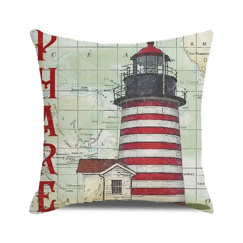 Throw Pillow Cover Watercolor Lighthouse Navigation Ocean Seagull Boat Home Sofa Cushion Cover Home Decor Pillowcase 40x40 Cm