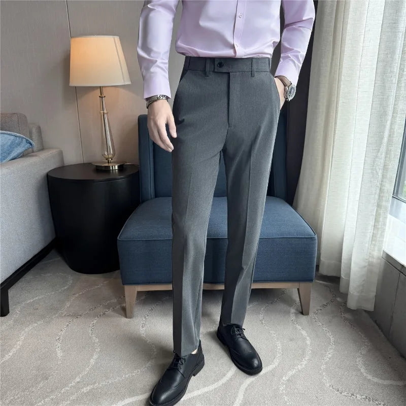 Men Suit Pant Elastic Waist Solid Slim Fit Dress Pants Light Thin Business Casual Office Social Trouser Oversized Men Clothing
