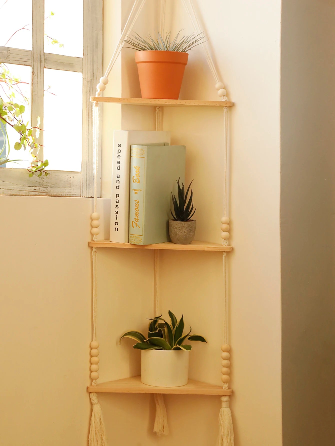 Macrame Hanging Shelf Boho Wall Hanging Handmade Rope Rustic Wood Floating Shelves Hanging Corner Wall Shelf Bedroom Decor Gifts