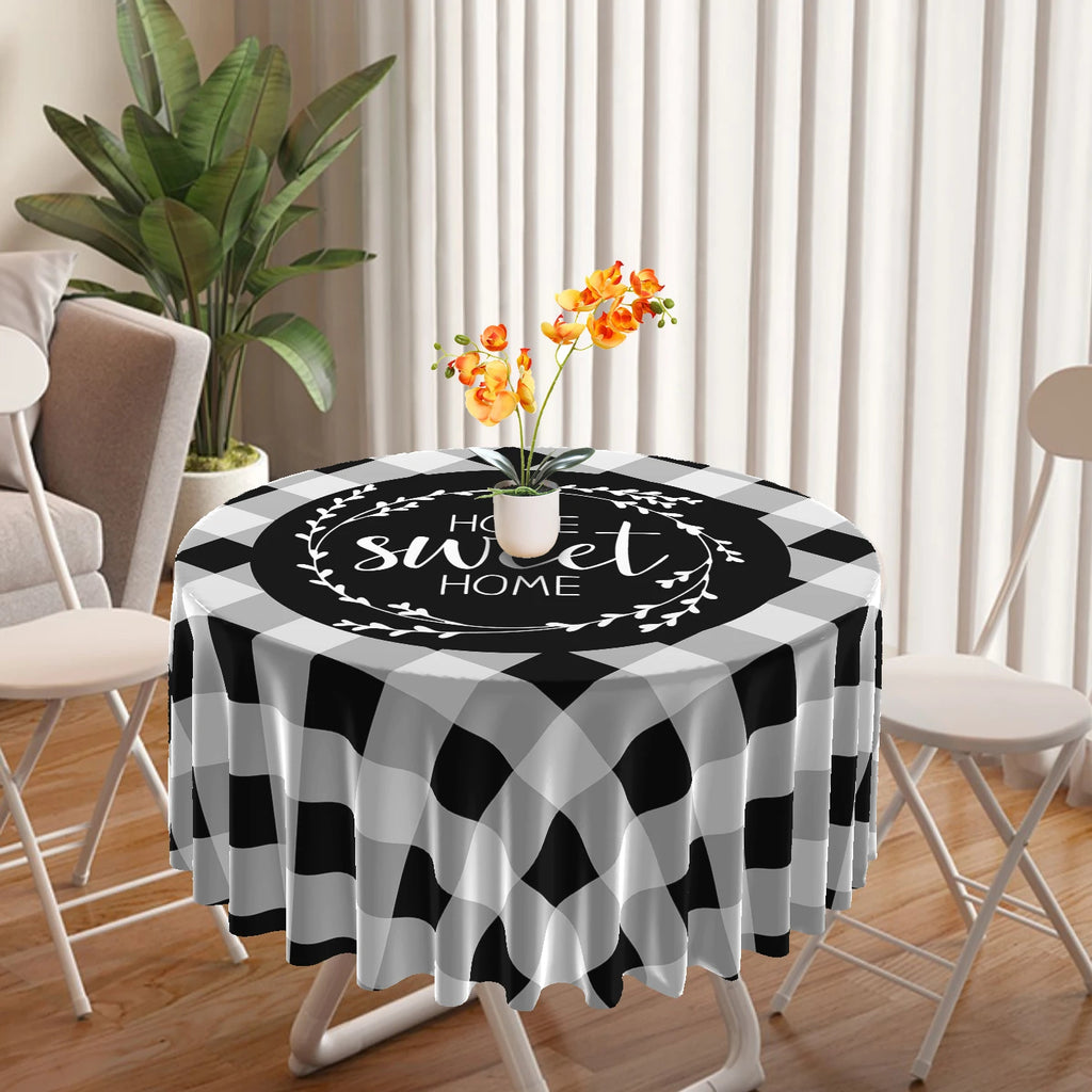 1 Piece Black White Checkered Circular Tablecloth Waterproof Dining Table Cover Lemon Bohemian Style 63 inch Tablecloth