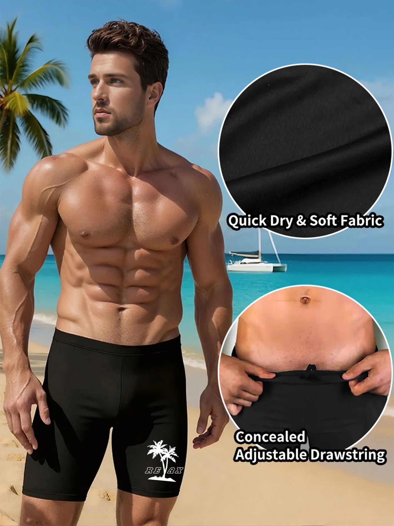 Mens Printed Swimming Trunks with Aadjustable Drawstring ,Quick Dry Sports Swim Wear Black for Gym Swim
