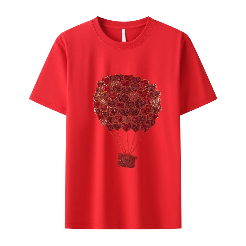Super flash love balloon hot diamond women's T-shirt hot summer short-sleeved diamond shiny lady round collar cotton T-shirt