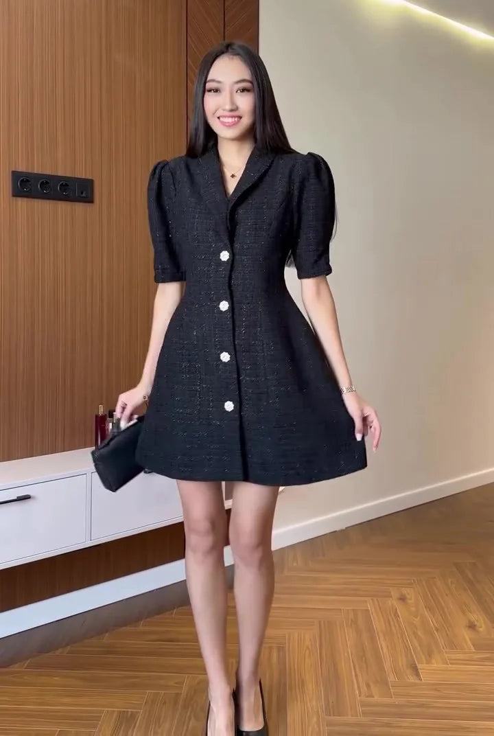 Women's Clothing 2026 Spring New Suit Collar Short Sleeve Cardigan Elegant Mini Bodycon Dress
