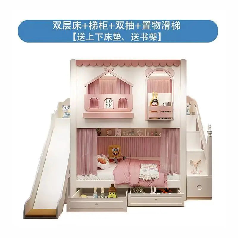 Customizable girl princess bunk bed two-story high-low sister high guardrail slide elevated bed