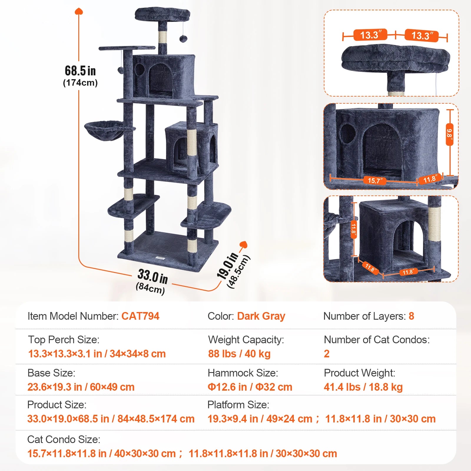 SucceBuy Cat Tree for Indoor Cats Cat Tower with Cat Condo Sisal Scratching Post HammockTop Perch Jumping Platforms Dark Grey