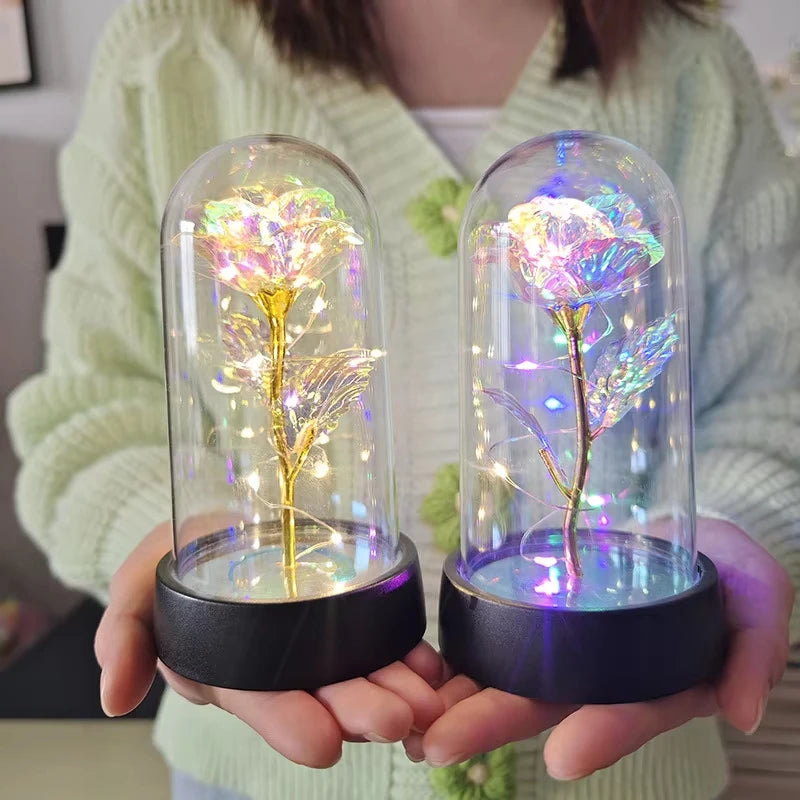 Artificial Glass Flower with Eternal Rose of the LED Light for Women Beauty and Beast Rose Birthday Gifts for Girls Christmas