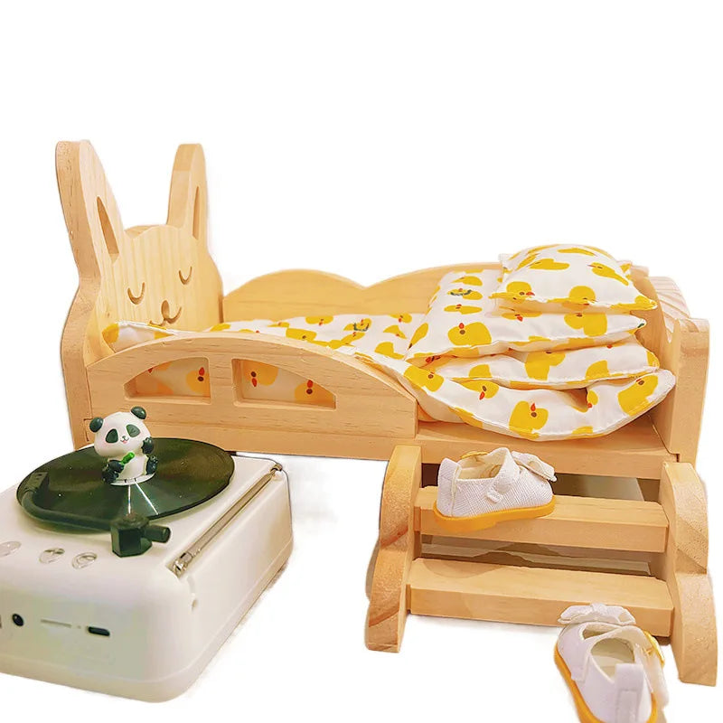for Labubu Cotton Doll Bed 30cm Princess Style Furniture Set for Imaginary Play Baby Doll Bedding Two-Piece Wooden Baby Bed Toy