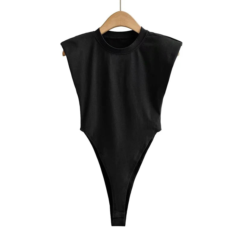 Summer 2025 Sexy Women's Bodycon Bodysuit Sleeveless Padded Shoulder One-Piece Black White Sexy Tops for Women