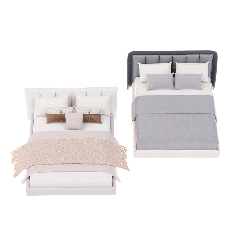 Dollhouse Cream Color Double Bed Model For Bedroom Micro Landscape Scene Miniature Furniture Doll Accessories