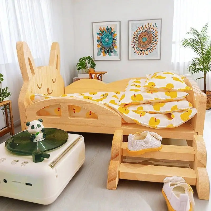 for Labubu Cotton Doll Bed 30cm Princess Style Furniture Set for Imaginary Play Baby Doll Bedding Two-Piece Wooden Baby Bed Toy