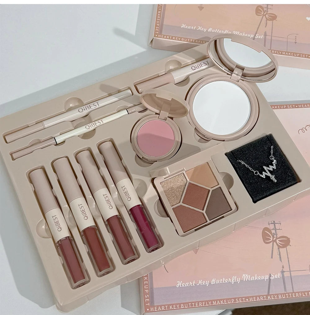 QIBEST Face Makeup Set 4pc Double End Lip Glaze, Pressed Powder,Blush,Eyeshadow, Eyebrow Pen,Eyeliner,Lip Oil Gift Cosmetics
