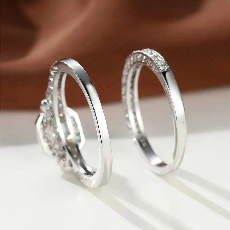 Huitan Vintage Black/White Cubic Zircon 2Pcs Set Rings for Women Anniversary Party Temperament Elegant Lady Accessories Jewelry
