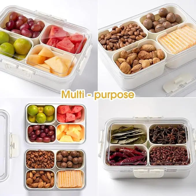 Snack Box Container, 4 Compartments Divided Serving Tray with Lid, Snackle Box Container, Snack Organizer for Fruit, Veggie, Per