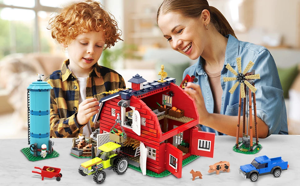 Farm Barn Building Set with Light-with Windmill Tractor Horse Animals Big Barn Construction Toy Brick Kit for Adults Teens 8+