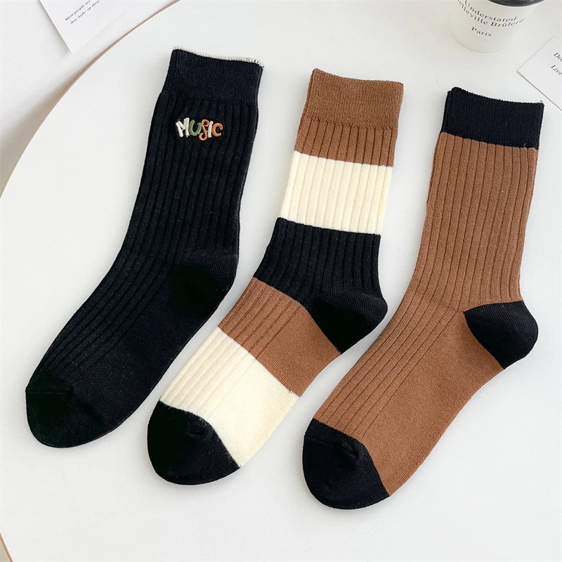 Socks For Women New Fashion Autumn Striped Cotton Long Socks Breathable Soft Korean Style Cute Embroidery Girls Casual Comfort
