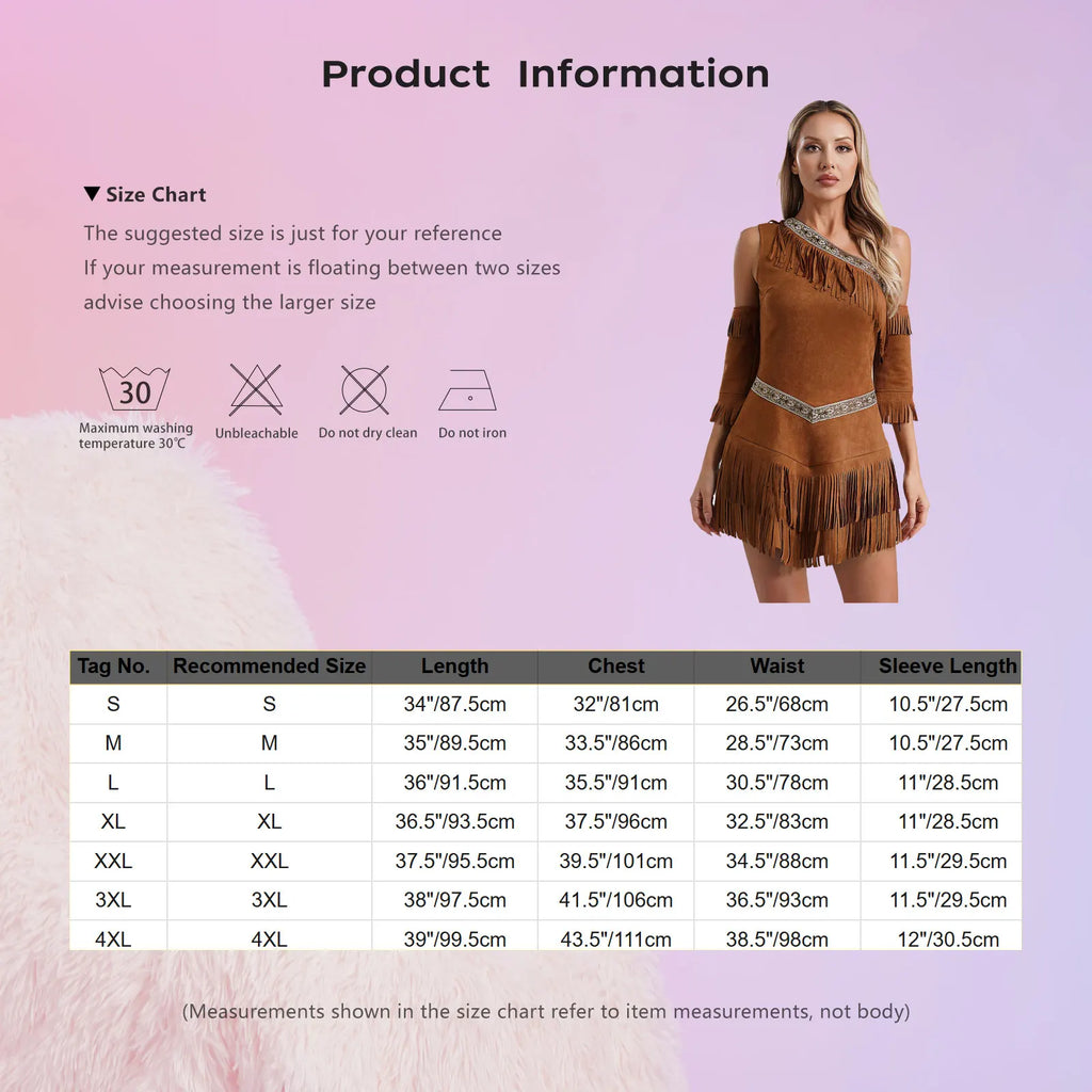 Womens Indian Native Cosplay Costume Halloween Cosplay Party Dress One Shoulder Sleeveless Fringe Dress Up with Tassel Sleeves