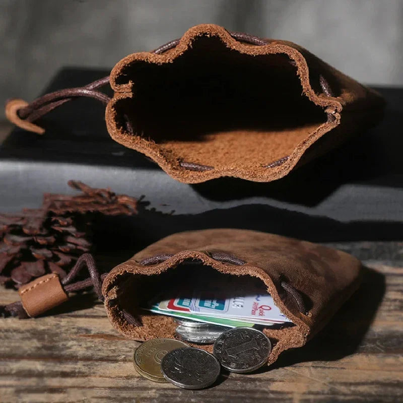 Drawstring Coin Storage Bag Handmade Genuine Leather Unisex Coin Purse Cow Leather Coins Money Pocket Retro Wallet Bags