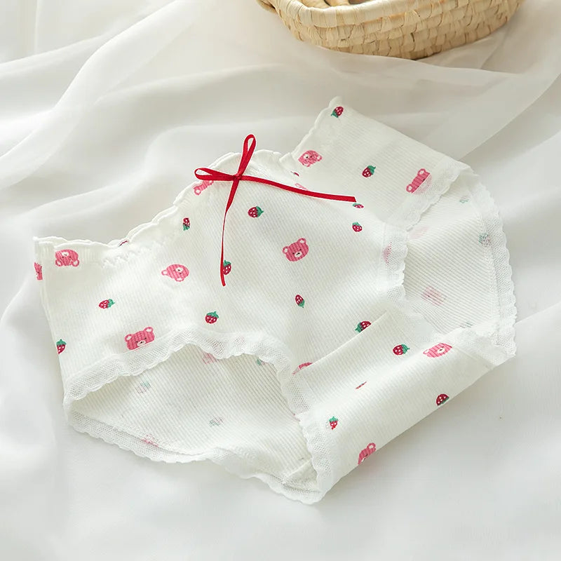 Women's Underwear Briefs Female Cartoon Strawberry Bear Cotton Panties Underpants Low Waist Pantys Ladies Breathable Lingerie