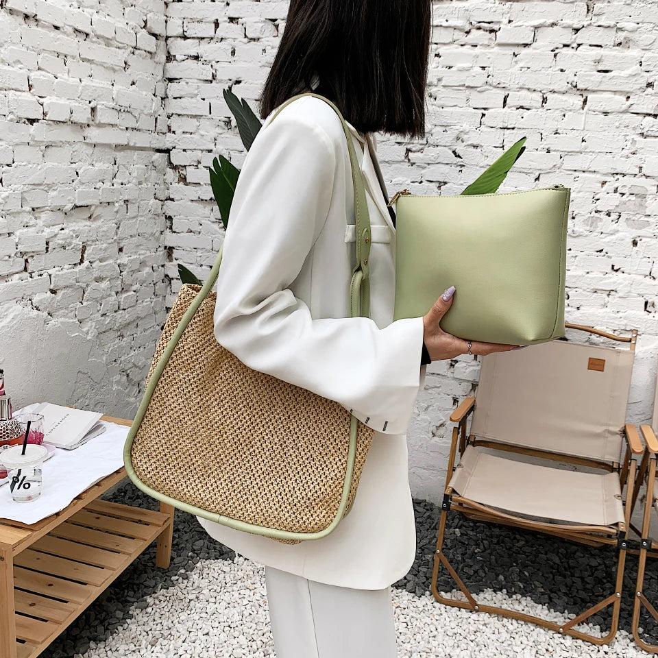 Summer Large Beach Bag Ladies Designer Tote Straw Woven Hollow Shoulder Out Soft Large Capacity Vacation Shopping Handbag Purse