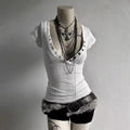 Euramerican Fashion Popular Sexy V Neck Short Sleeve T Shirts Y2k Aesthetic Rivet Nail Slim Punk Women Clothes High Street Tops