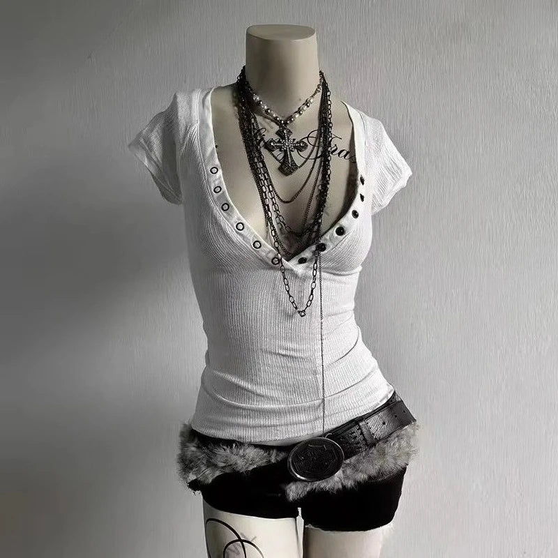 Euramerican Fashion Popular Sexy V Neck Short Sleeve T Shirts Y2k Aesthetic Rivet Nail Slim Punk Women Clothes High Street Tops