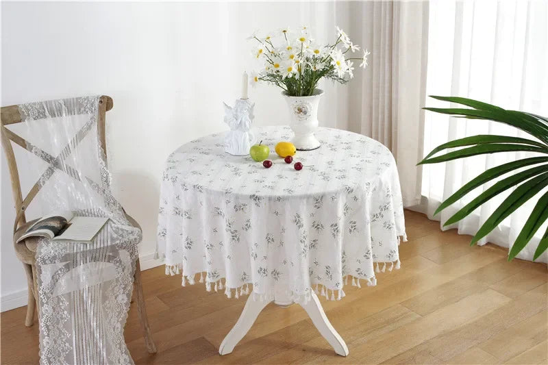 Circular Table Cover for Kitchen Dinning Room Tabletop Decor Round Tablecloth Cotton Table Cloth with Tassel Dust-Proof Floret