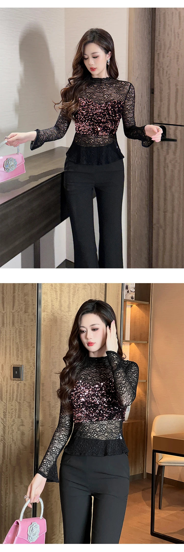 Women's Clothing Chic Black Lace Sexy T-Shirt Ladies Elegant Perspective Short Blouses Sequin Tops Bottom Pullover Jumper Party