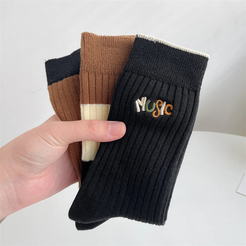 Socks For Women New Fashion Autumn Striped Cotton Long Socks Breathable Soft Korean Style Cute Embroidery Girls Casual Comfort