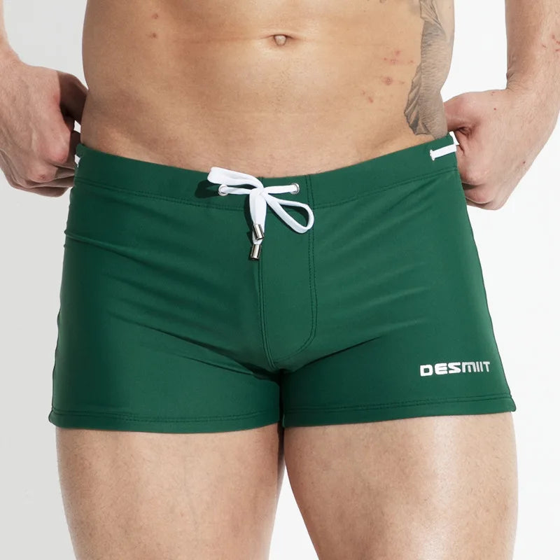 Mens Swimming Trunks Retro Solid Color Mid Waist Beach Shorts Tight Fitting Breathable Swimwear Swim Briefs Surf Boardshorts