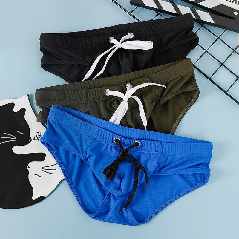 Men's Solid Color Swim Trunks Drawstring Slim Fit Anti-Slip, Quick-Dry Athletic Tight Sports Shorts Comfortable Swimming Bottoms