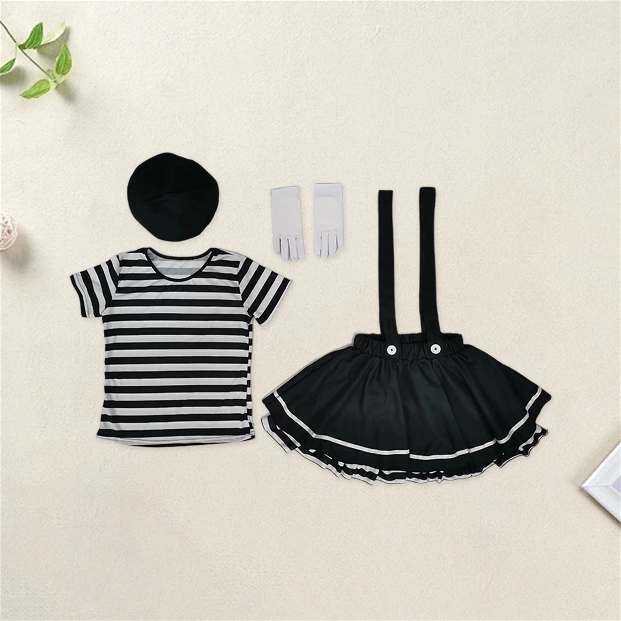 Women Clown Costumes Black White Striped Tops Suspender Skirt Gloves and Hat Set Halloween Cosplay Outfit