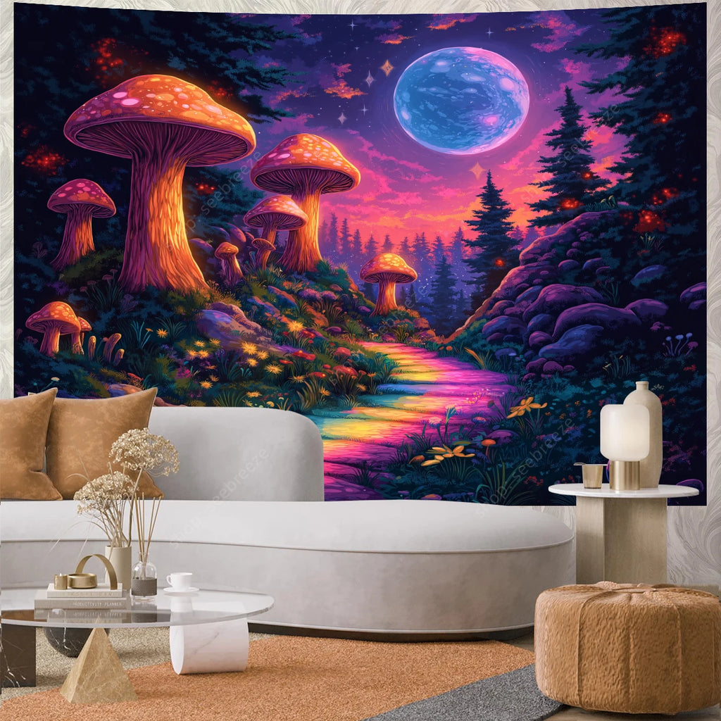 Fantasy Mushroom UV Reactive Tapestry Beautiful Floral Plant Tapestry Wall Hanging Gothic Home Wall Decor Room Decor Aesthetic