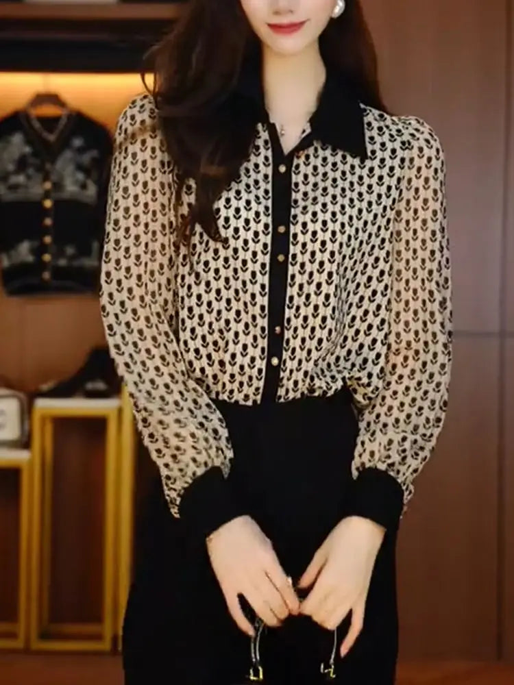 Women's Clothing Retro Floral Shirt Slimming Versatile for Spring and Summer Blouses