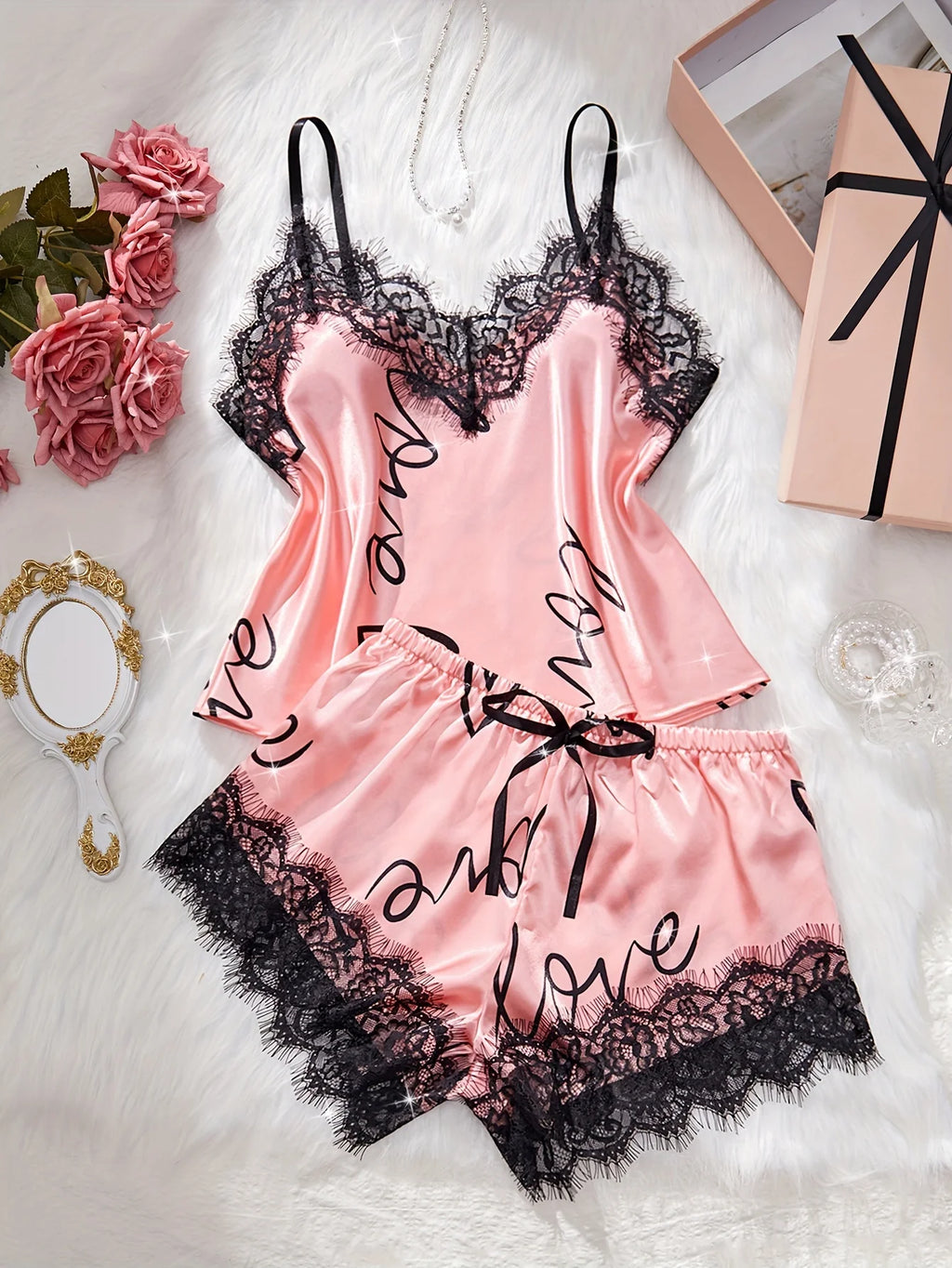 Women‘s Milk Silk Pajamas Set Summer Sleeveless Yellow Heart Print Lace Trim Soft Summer Sleepwear Lounge Sets Nightwear