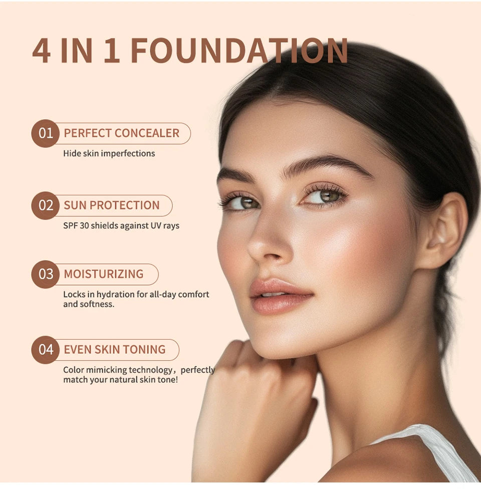 Foundation 4 in 1 - Medium Spectrum with SPF 30+, Longwearing & Waterproof Hydrating Color Changing Foundation Women Cosmetics
