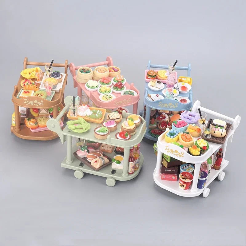 Dollhouse Food Carts Trolley with Mini Food 1set Dinnerware Drink Miniature House Toy Kitchen Scene Doll Accessories Home Decor