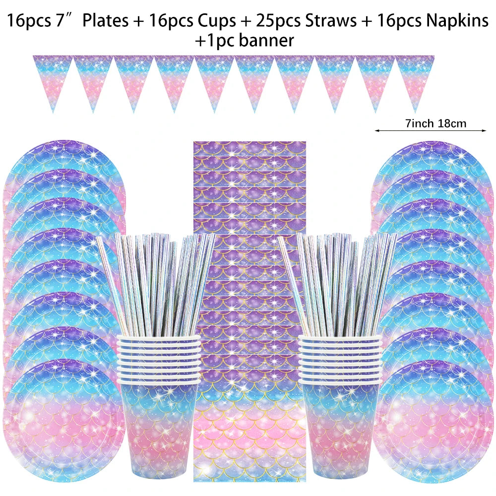Mermaid Disposable Tableware Set Little Mermaid Paper Plates Cup Napkin Tablecloth Mermaid Birthday Party Decoration Girl