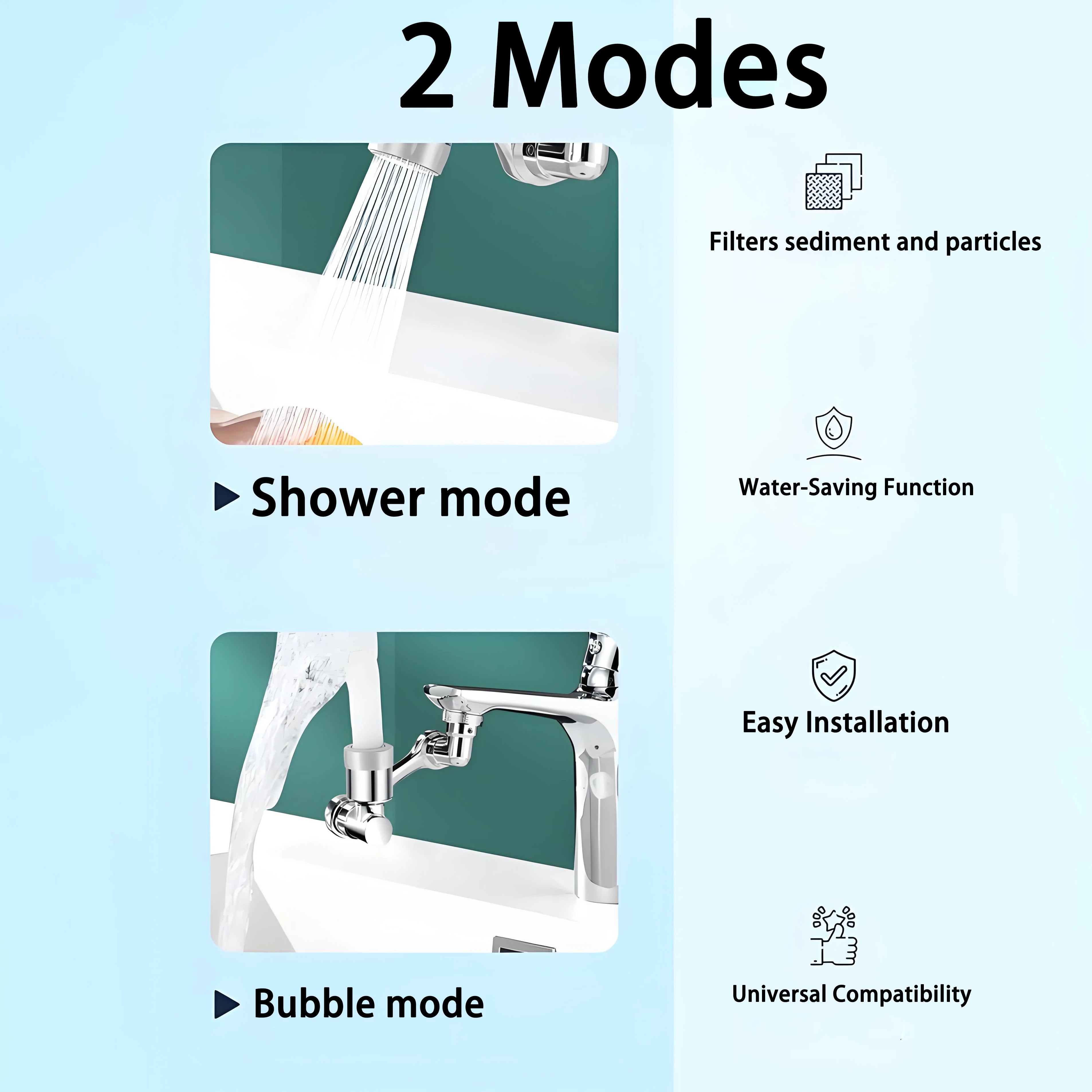 Universal 1080° Swivel Kitchen Faucet Extender with Dual Spray Modes Flexible Arm and Aerator Nozzle for Easy Sink Cleaning