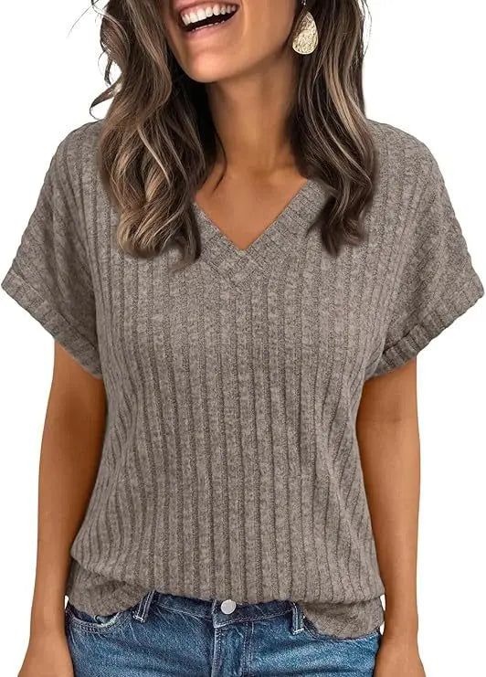 Women's Clothing Europe America All-match Knit T-shirt Summer 2025 New Casual Loose V-neck Short Sleeve Pullover Lady Solid Tops