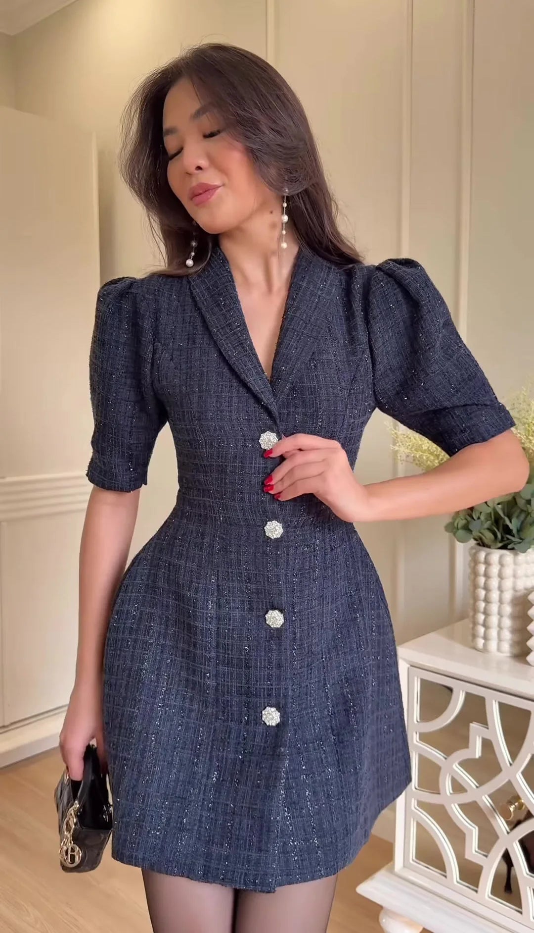 Women's Clothing 2026 Spring New Suit Collar Short Sleeve Cardigan Elegant Mini Bodycon Dress
