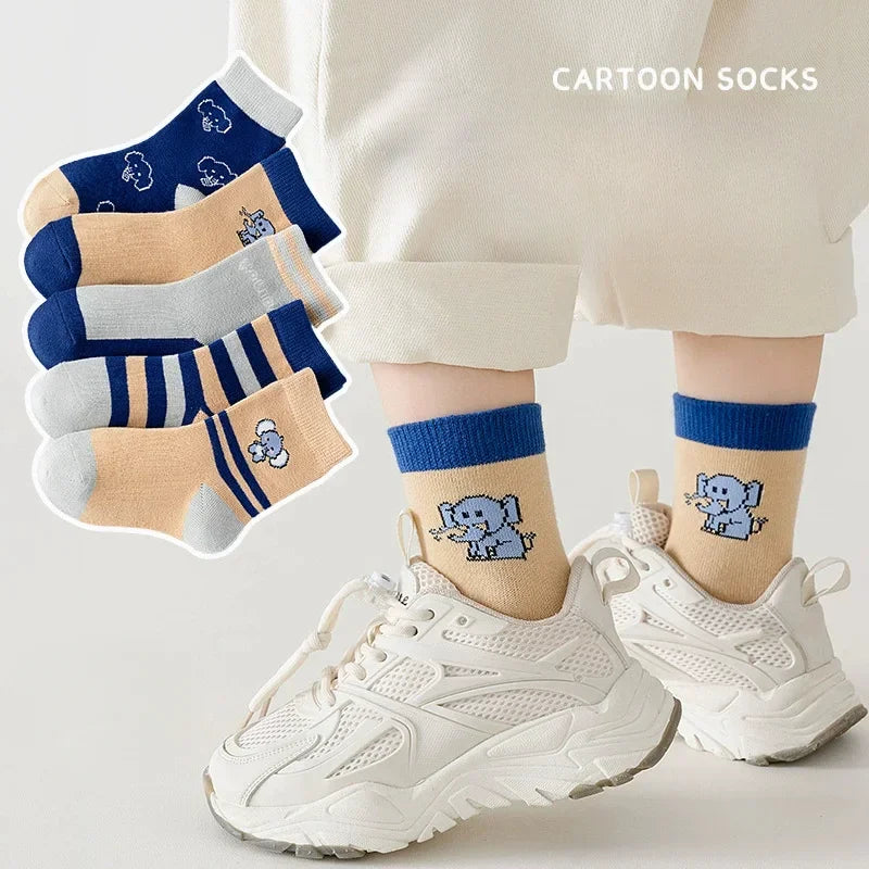 5-Pair Children's Socks for Boys Kids Mid-Calf Suitable for Spring Autumn and Winter Solid Color Student/Baby Boy School Style