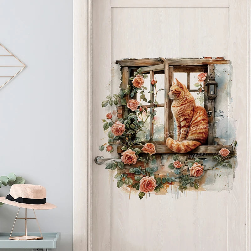 Cartoon Cat Window Wall Sticker Living Room Sofa Background Decoration Wallpaper For Home Decor Kids Room Art Decals M984