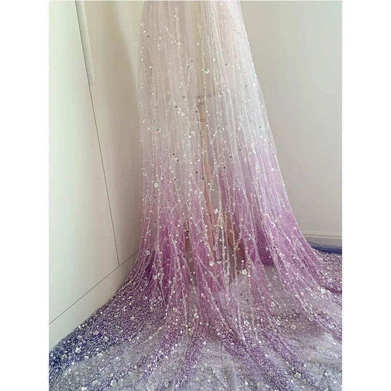 Pink Gradient Studded Sequin Fabric for Wedding Dresses Dance Costumes Stage Costumes Designer Fabrics for Sewing
