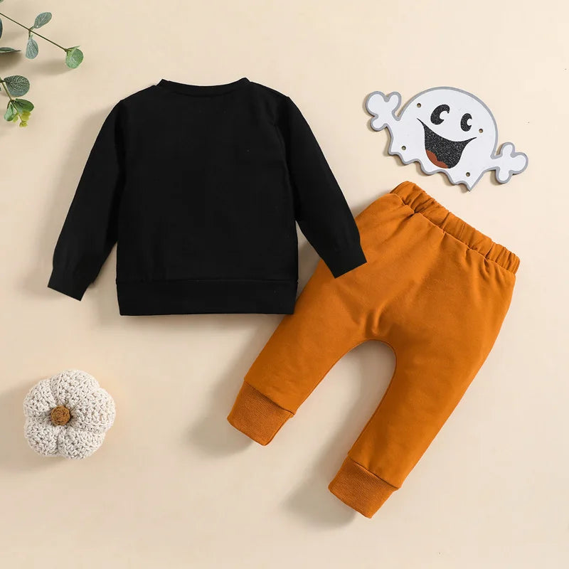 Toddler Boys Halloween Outfit Short Sleeve Round Neck Pumpkin Spider Print Tee with Jogger Pants and Hat Set